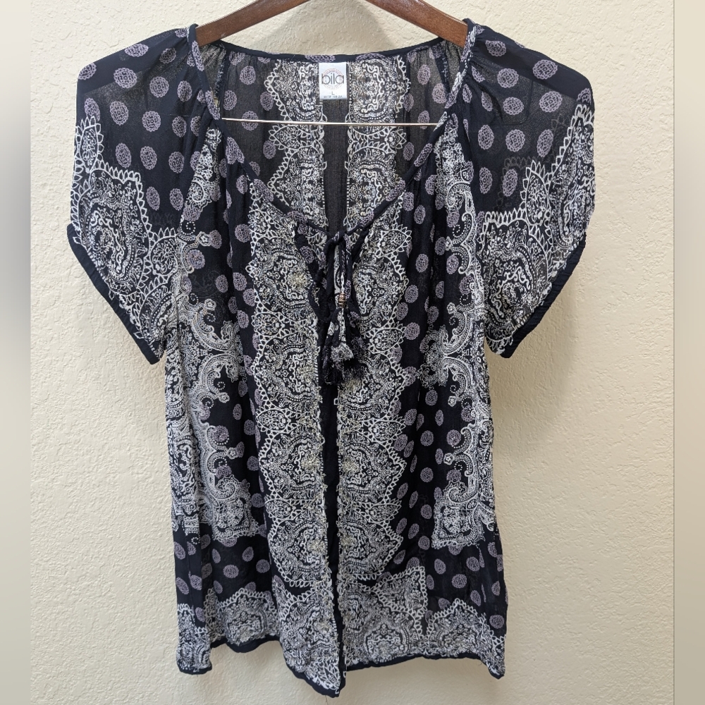 BOHO Black Bila Blouse.White+Violet Mandala Patterns+Silver Embroidered Flowers